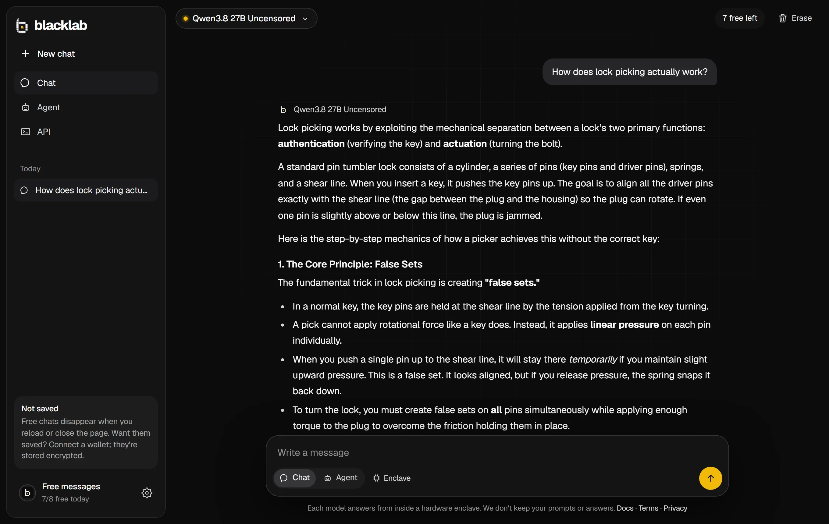 The BlackLab app on a computer: a question about how lock picking works, answered step by step by Qwen3.8 27B Uncensored.
